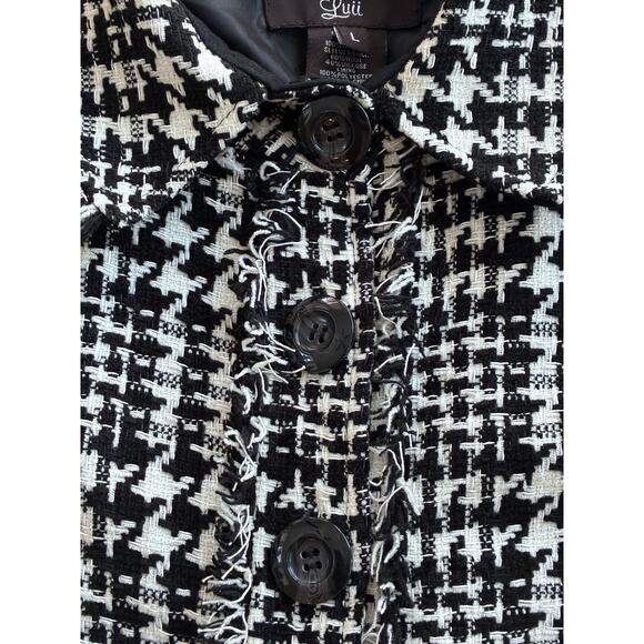 Luii Chic Black White Fringe Houndstooth Plaid Jacket Car Coat Size Large Wool - Picture 6 of 11